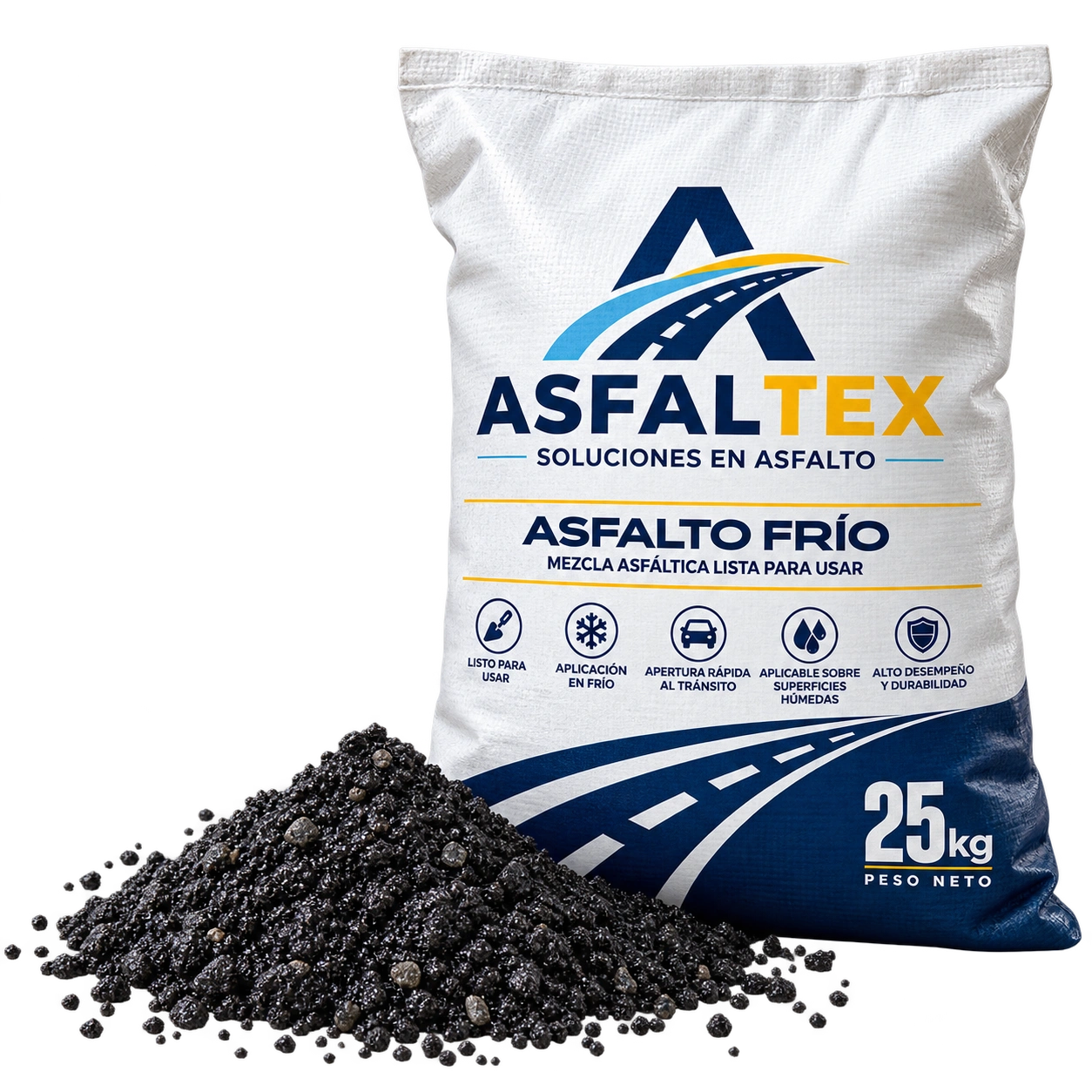 Bolsa ASFALTEX de 25 kg junto a un montículo de asfalto en frío